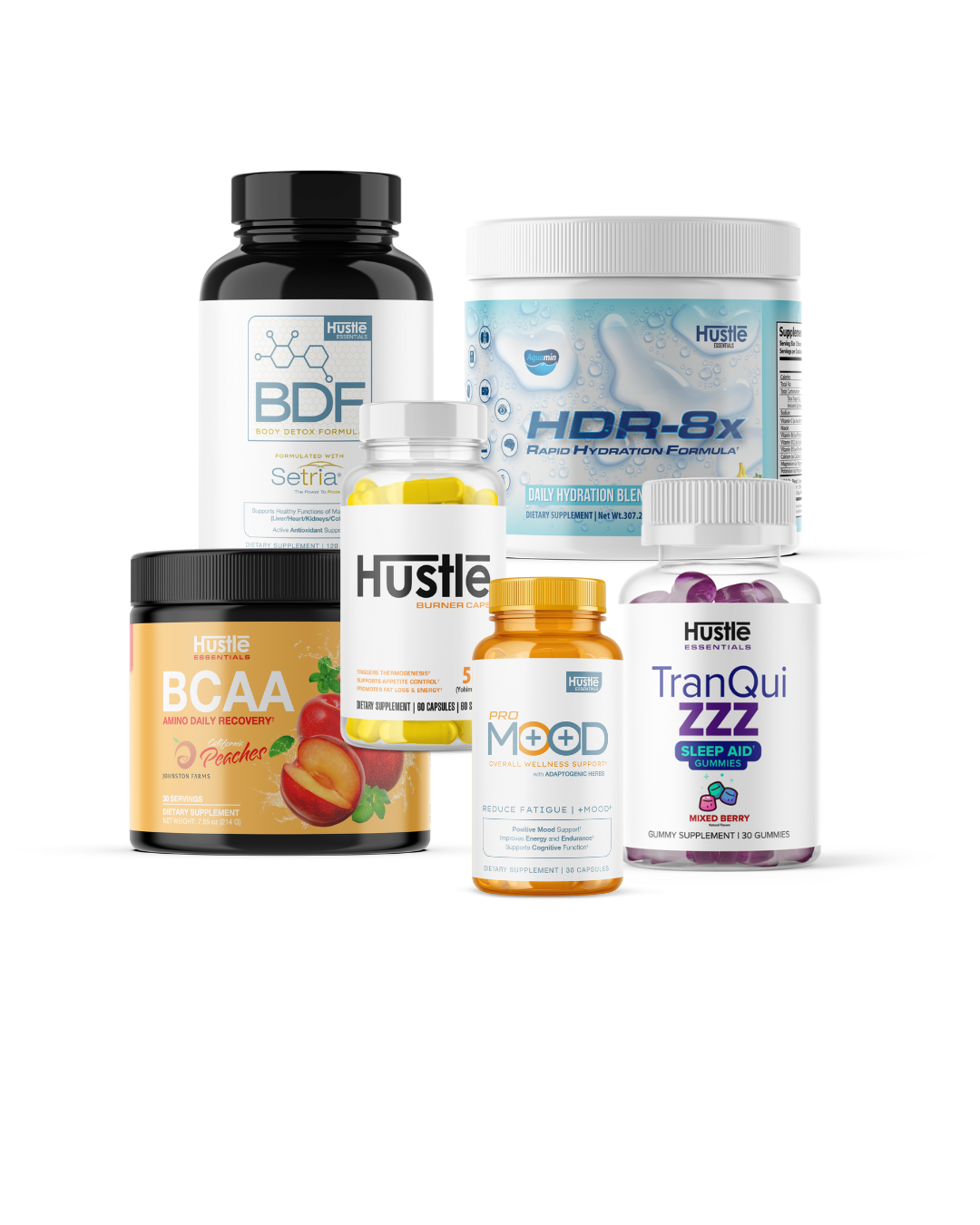 A preview of supplement bottles that are listed in this collection. Products range from pill form, gummies and powder supplements.