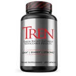 A bottle of dietary supplement capsules labeled 'TREN' with the tagline 'Taken Right Entirely Noticeable Results'. The bottle is black with red and white text.