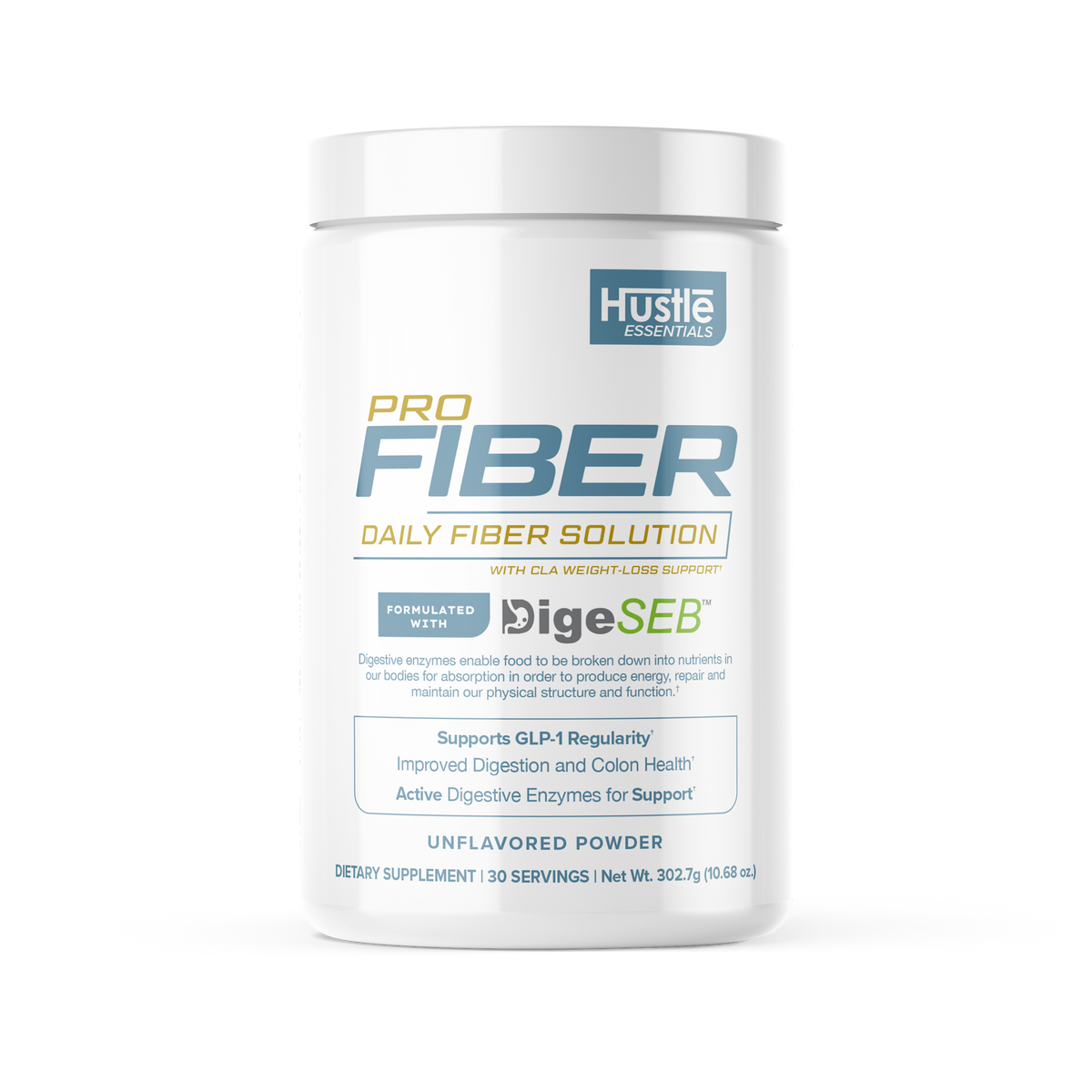 Hustle Pro Fiber supplement container on a white background