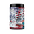 Supplement container with American flag design and text on a white background