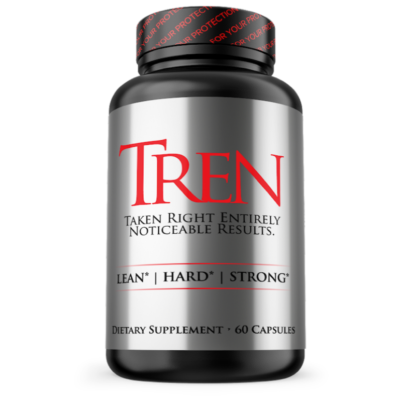 A bottle of dietary supplement capsules labeled 'TREN' with the tagline 'Taken Right Entirely Noticeable Results'. The bottle is black with red and white text.