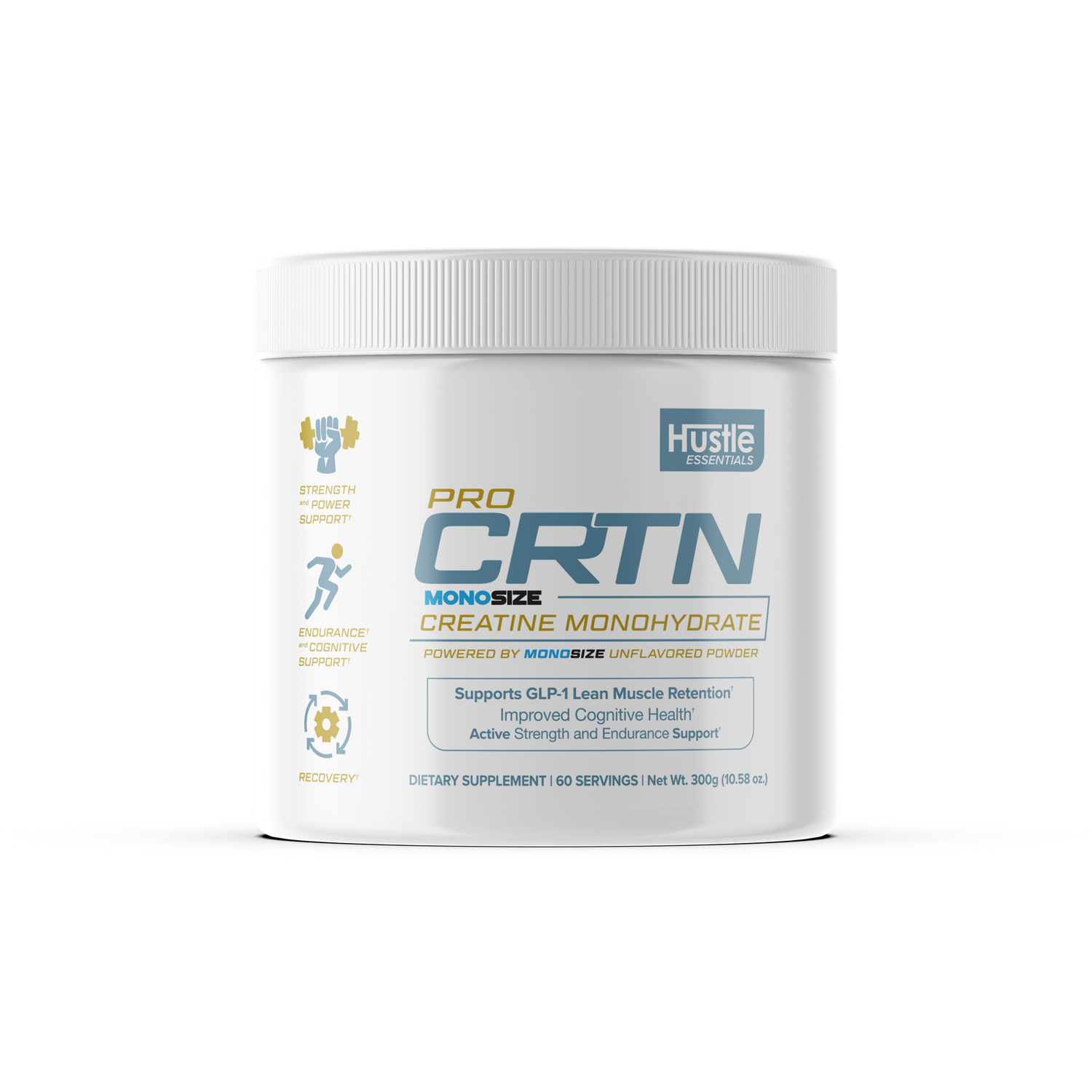 White container of Hustle Essentials Pro CRTN Creatine Monohydrate on a white background