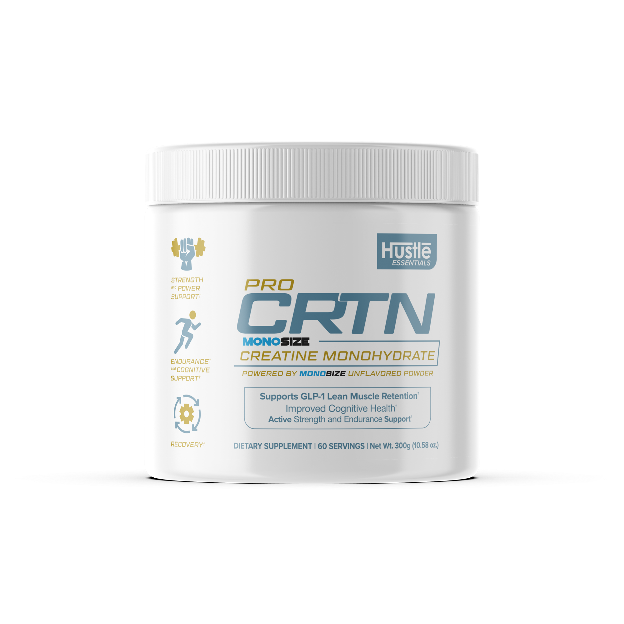 White container of Hustle Essentials Pro CRTN Creatine Monohydrate on a white background