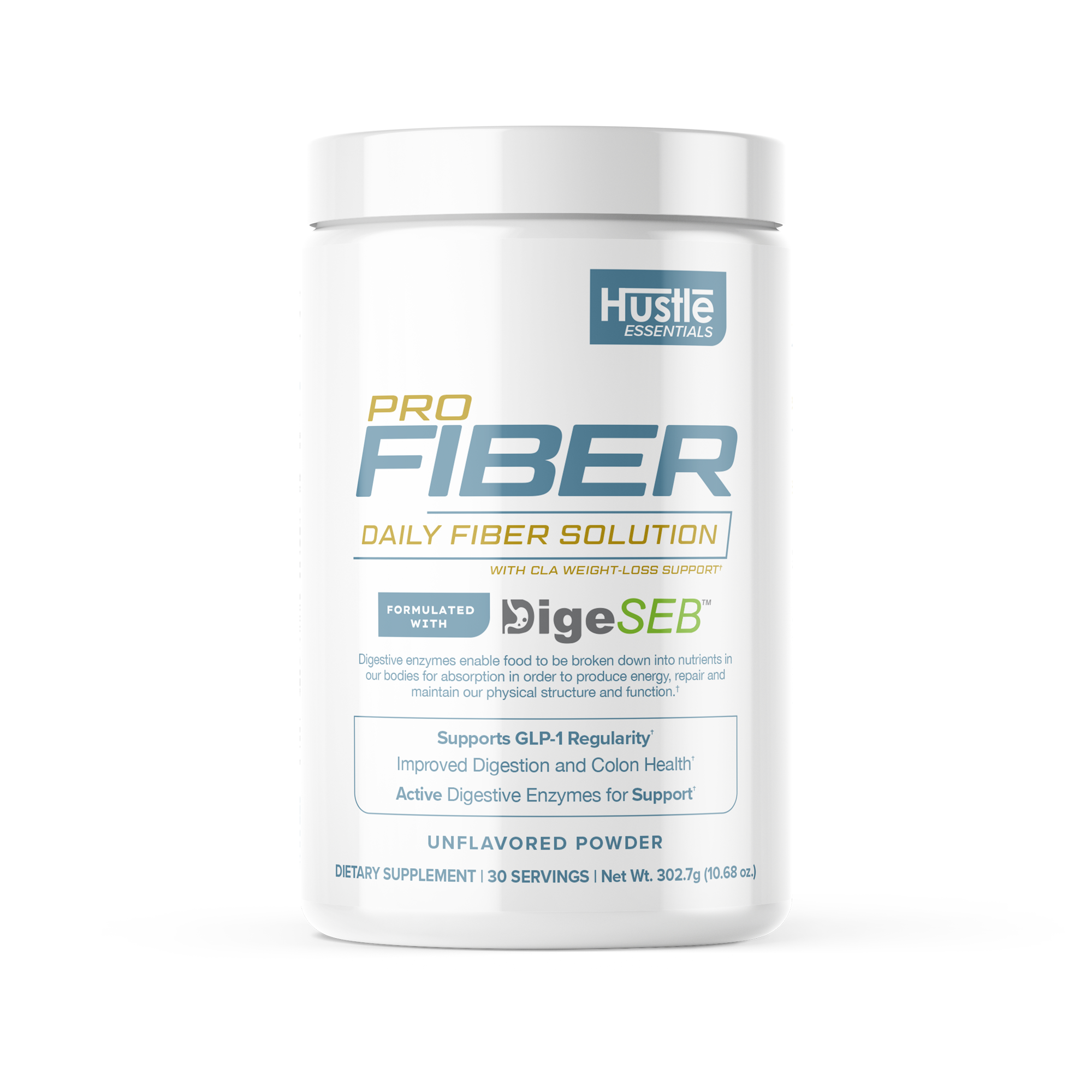 Hustle Pro Fiber supplement container on a white background