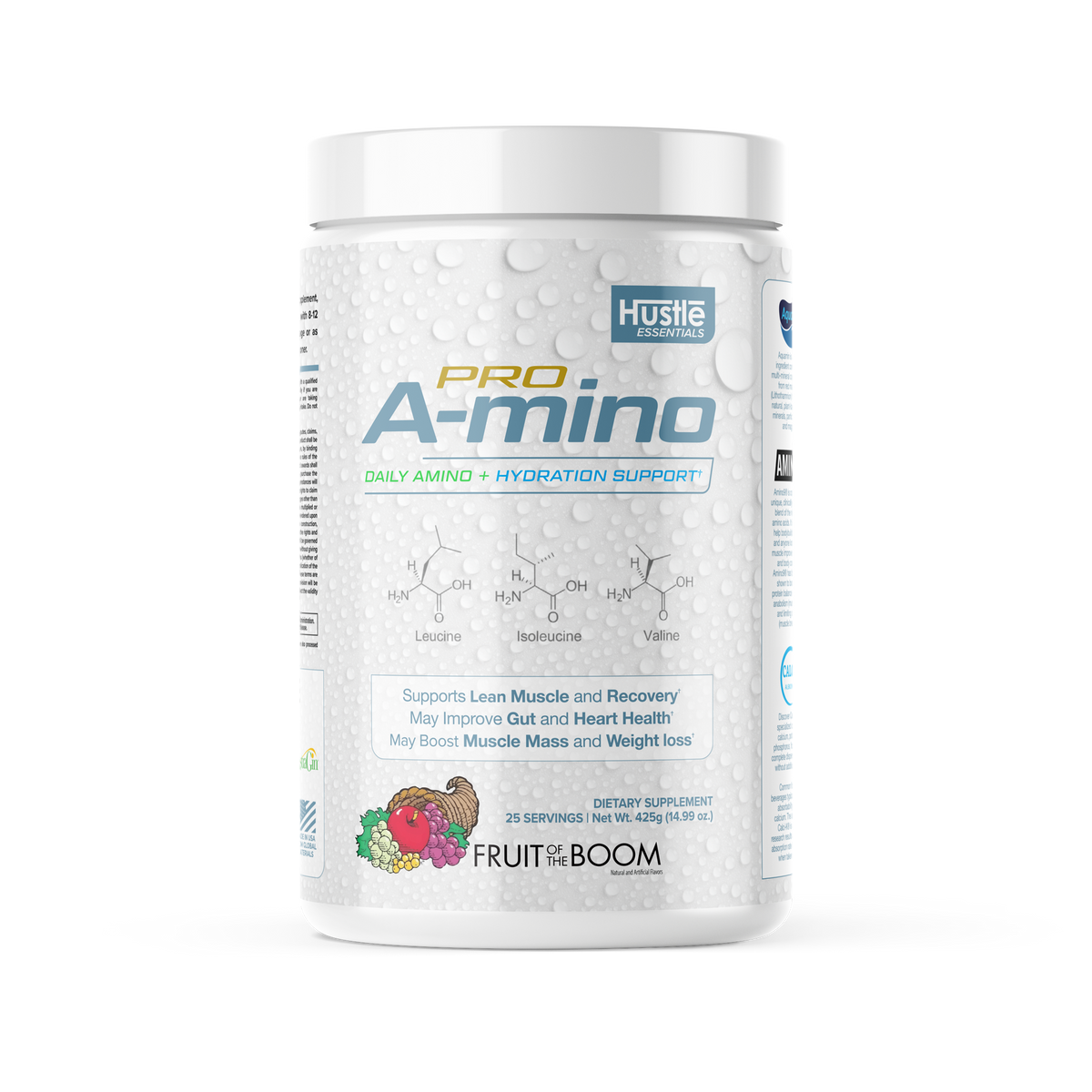 Pro Amino supplement container with Hustle branding on a white background