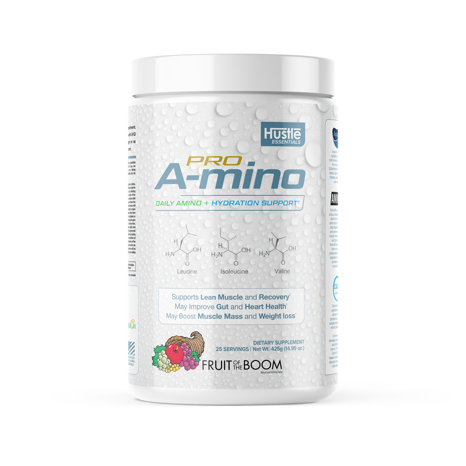 Pro Amino supplement container with Hustle branding on a white background