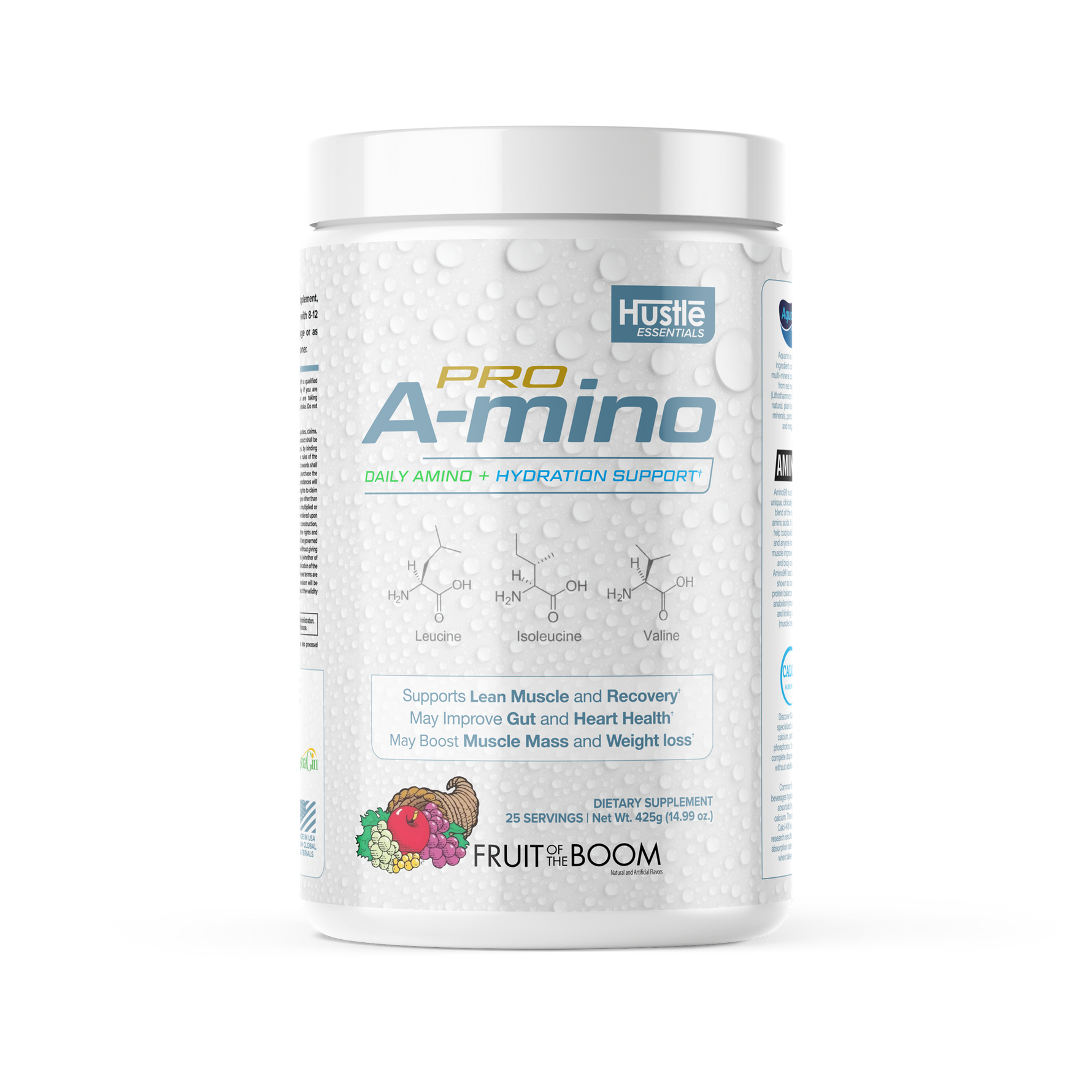 Pro Amino supplement container with Hustle branding on a white background
