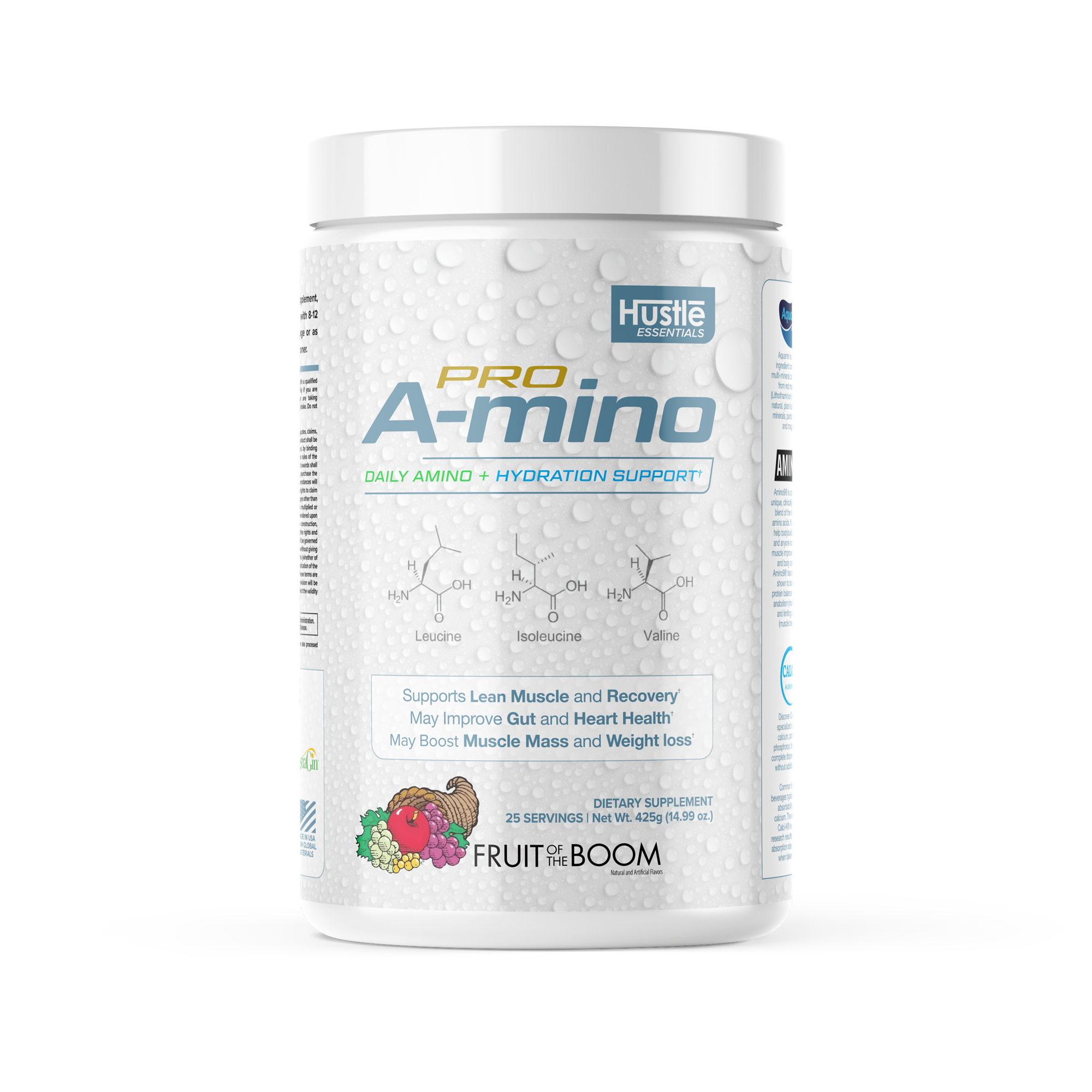 Pro Amino supplement container with Hustle branding on a white background