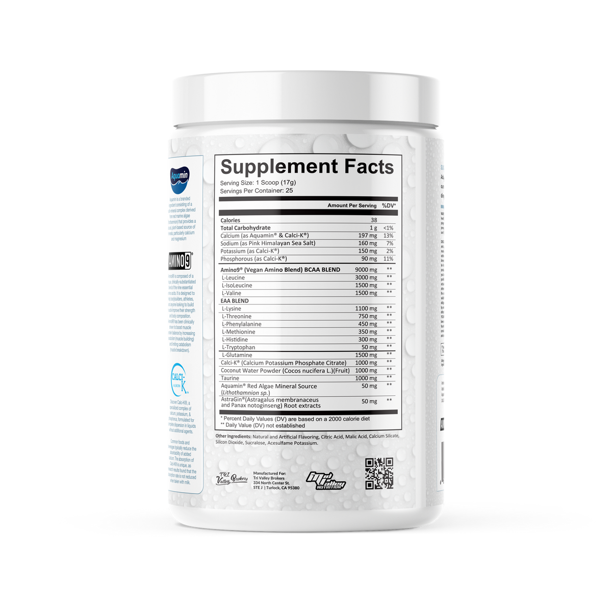 Supplement container with nutritional facts label on a white background