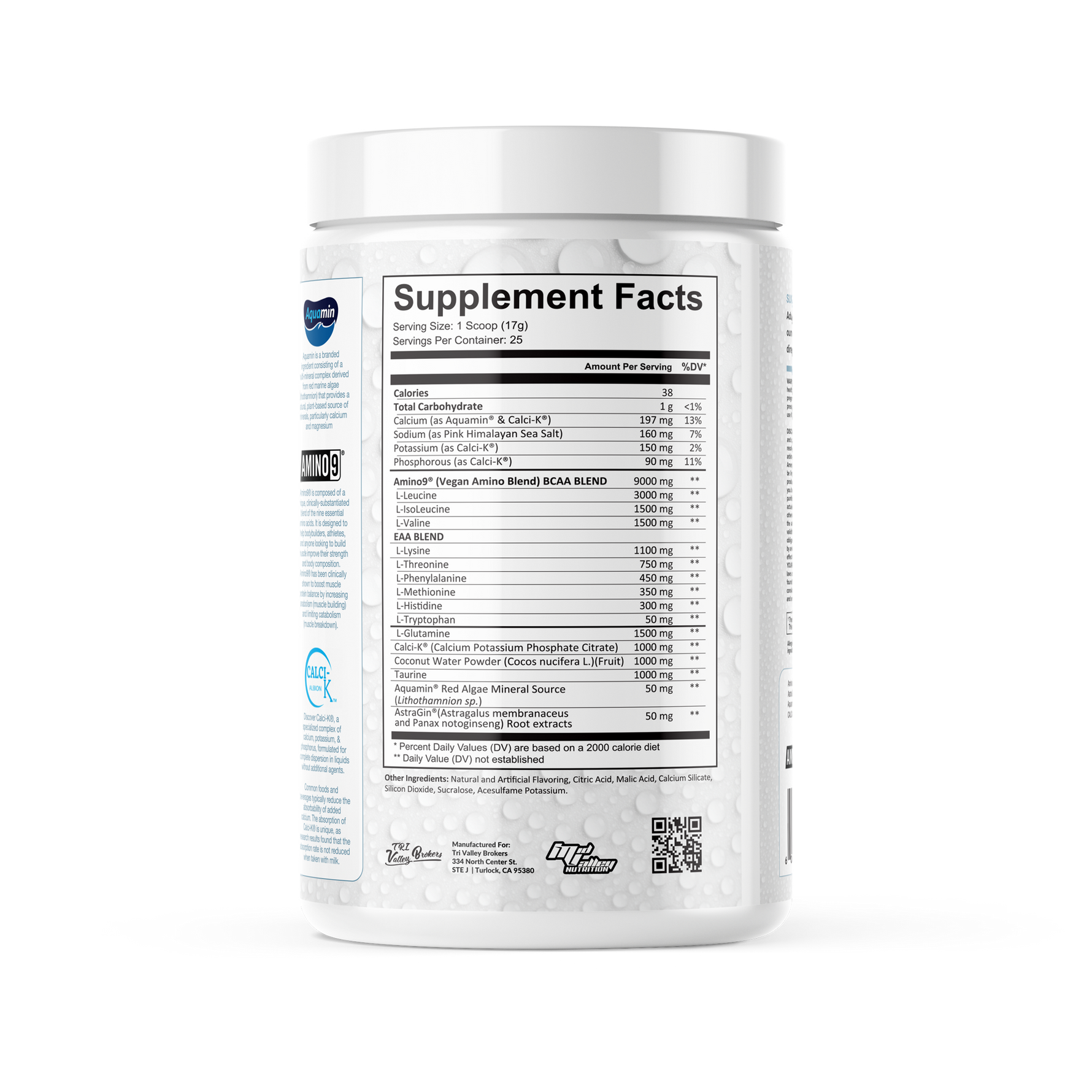 Supplement container with nutritional facts label on a white background