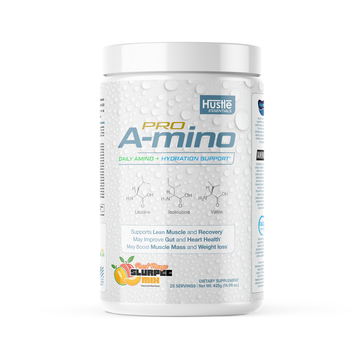 Pro A-mino supplement container with white background