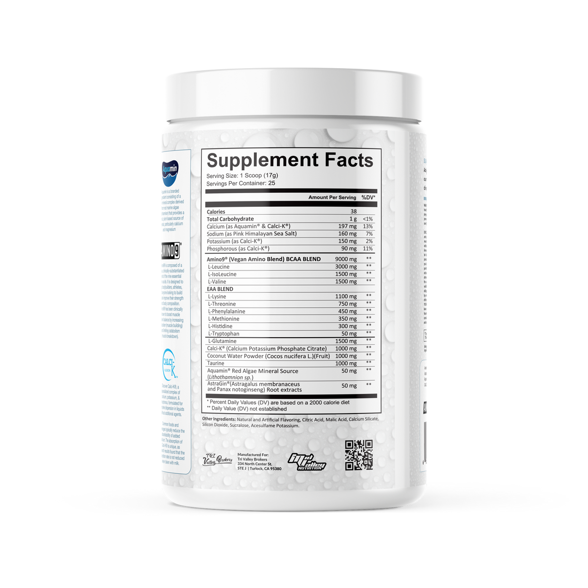 Supplement container with nutritional facts label on a white background