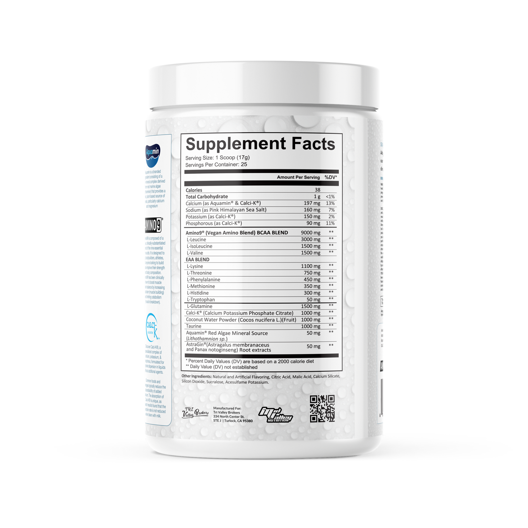 Supplement container with nutritional facts label on a white background
