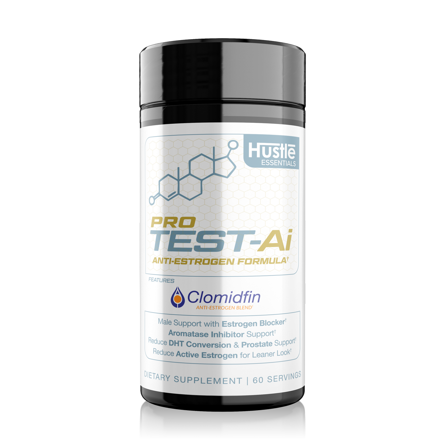 Supplement bottle labeled 'Pro Test-Ai' by Hustle Essentials on a white background