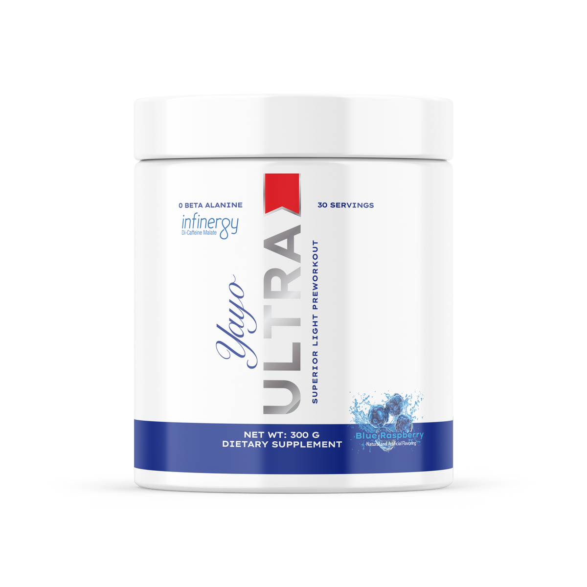 Supplement container labeled 'Ultra' with branding on a white background