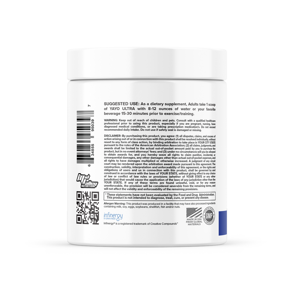 Back label of a supplement container with text and barcodes on a white background