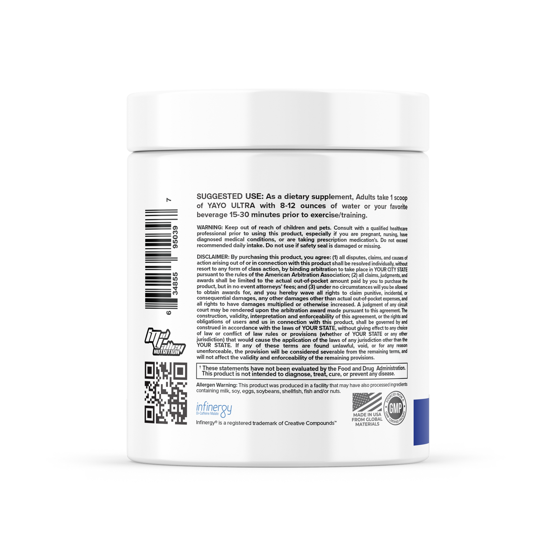 Back label of a supplement container with text and barcodes on a white background