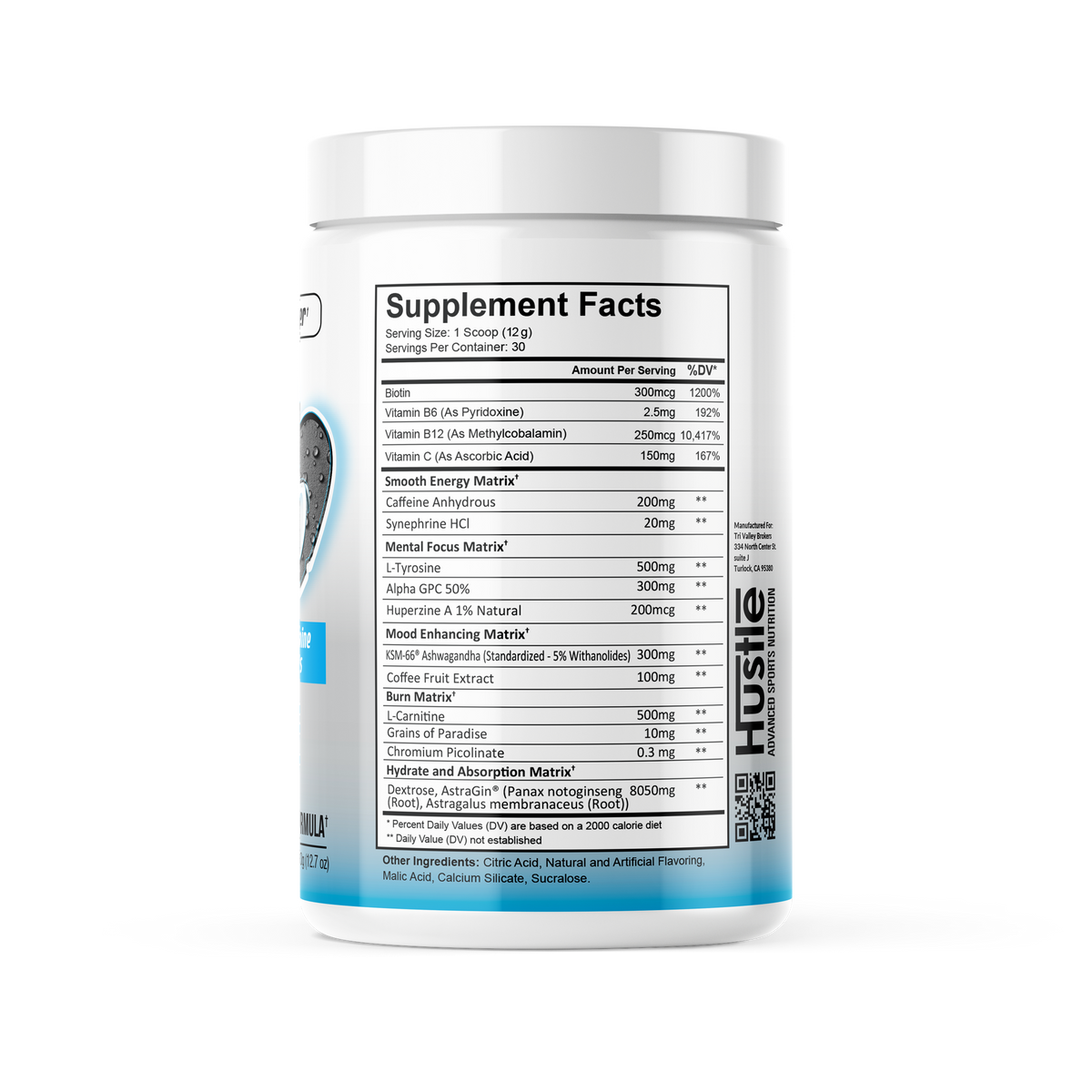 Supplement container with label showing 'Hustle' brand on a white background