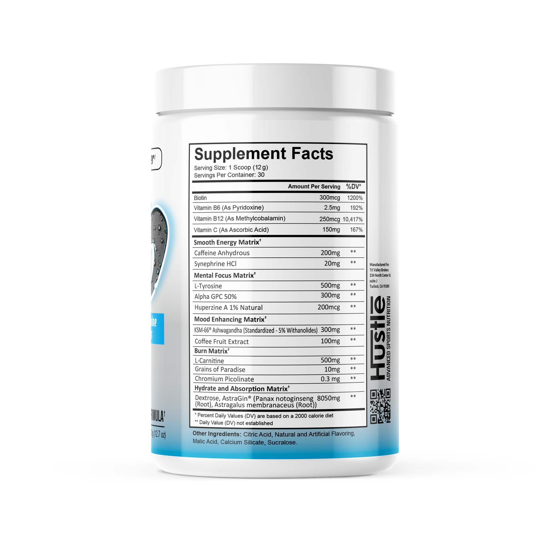 Supplement container with label showing 'Hustle' brand on a white background