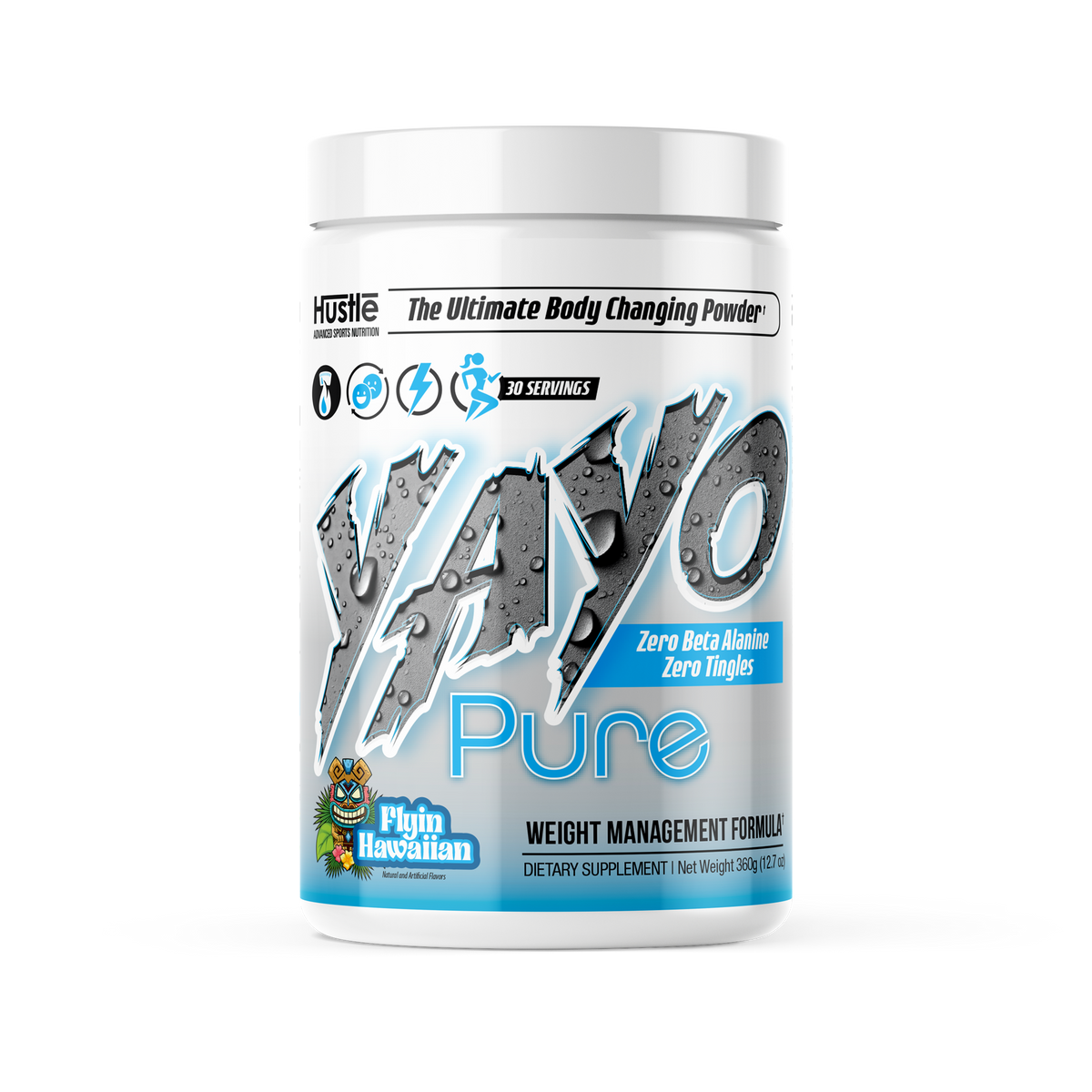 Yayo Pure supplement container on a white background. Flavor is Flyin' Hawaiian