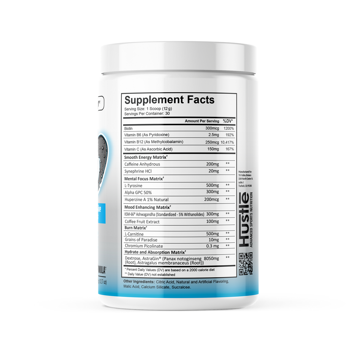 Supplement container with label showing 'Hustle' brand on a white background