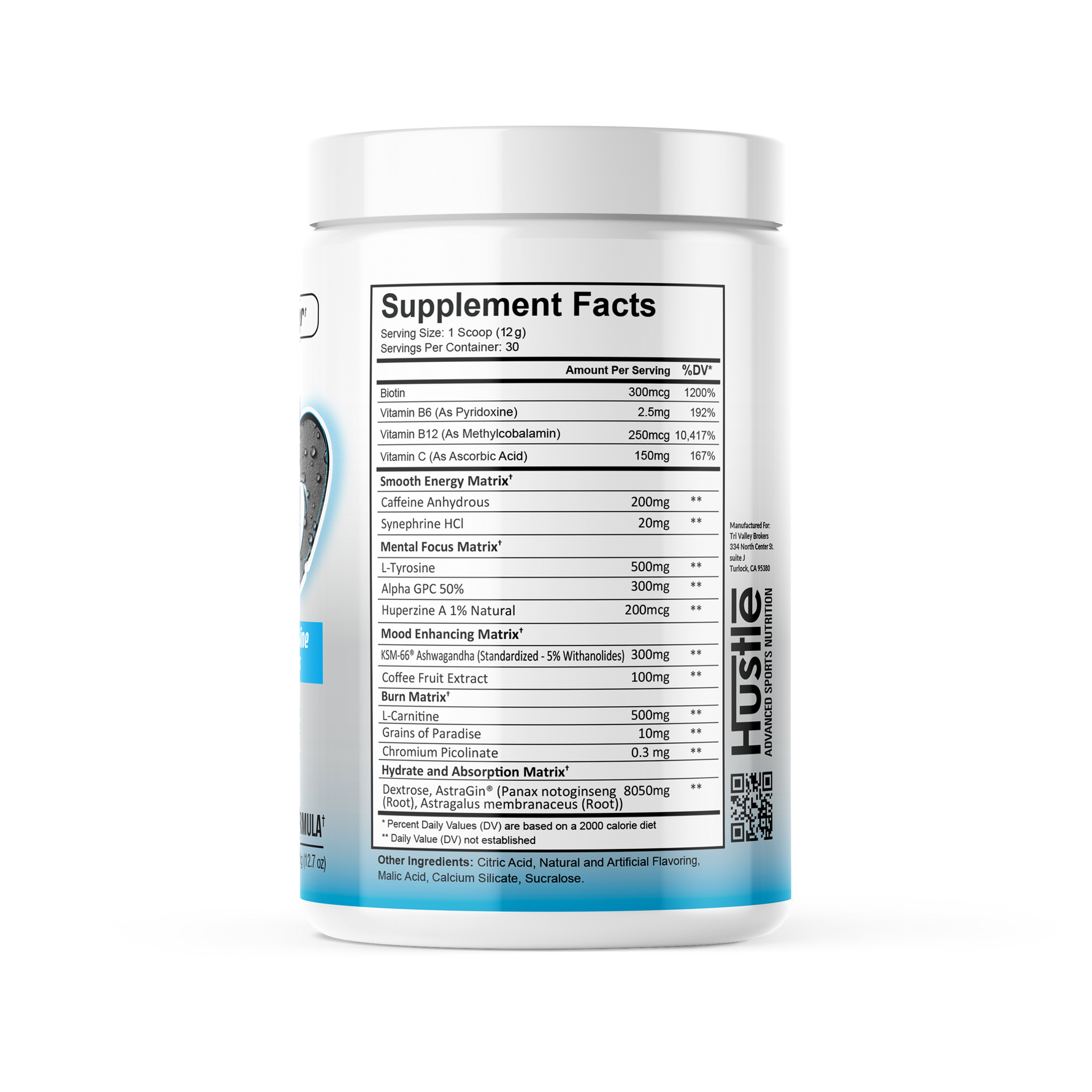 Supplement container with label showing 'Hustle' brand on a white background