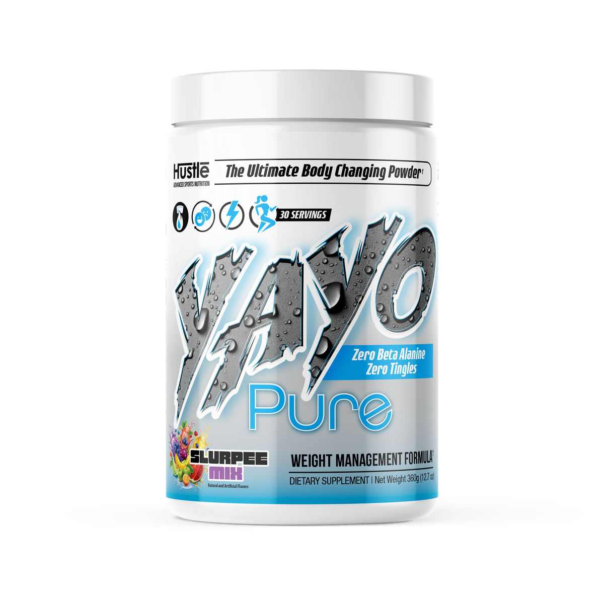 Yayo Pure supplement container on a white background. Flavor is Slurpee Mix