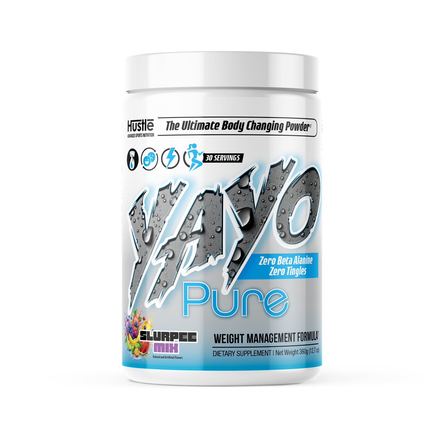 Yayo Pure supplement container on a white background. Flavor is Slurpee Mix