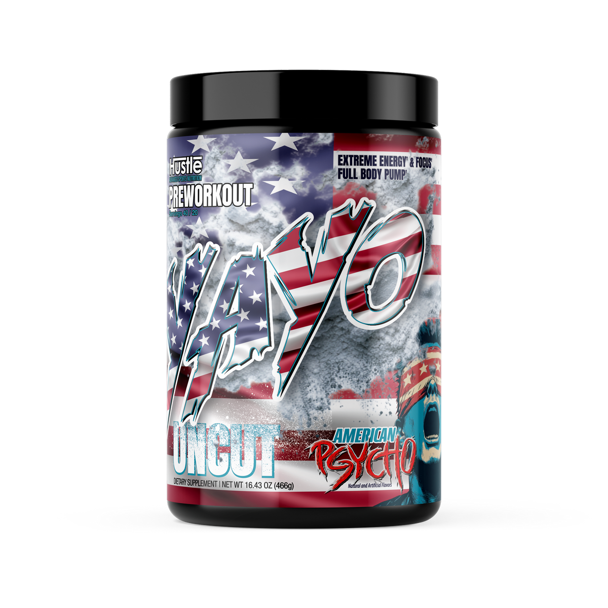 Supplement container with American flag design and text on a white background