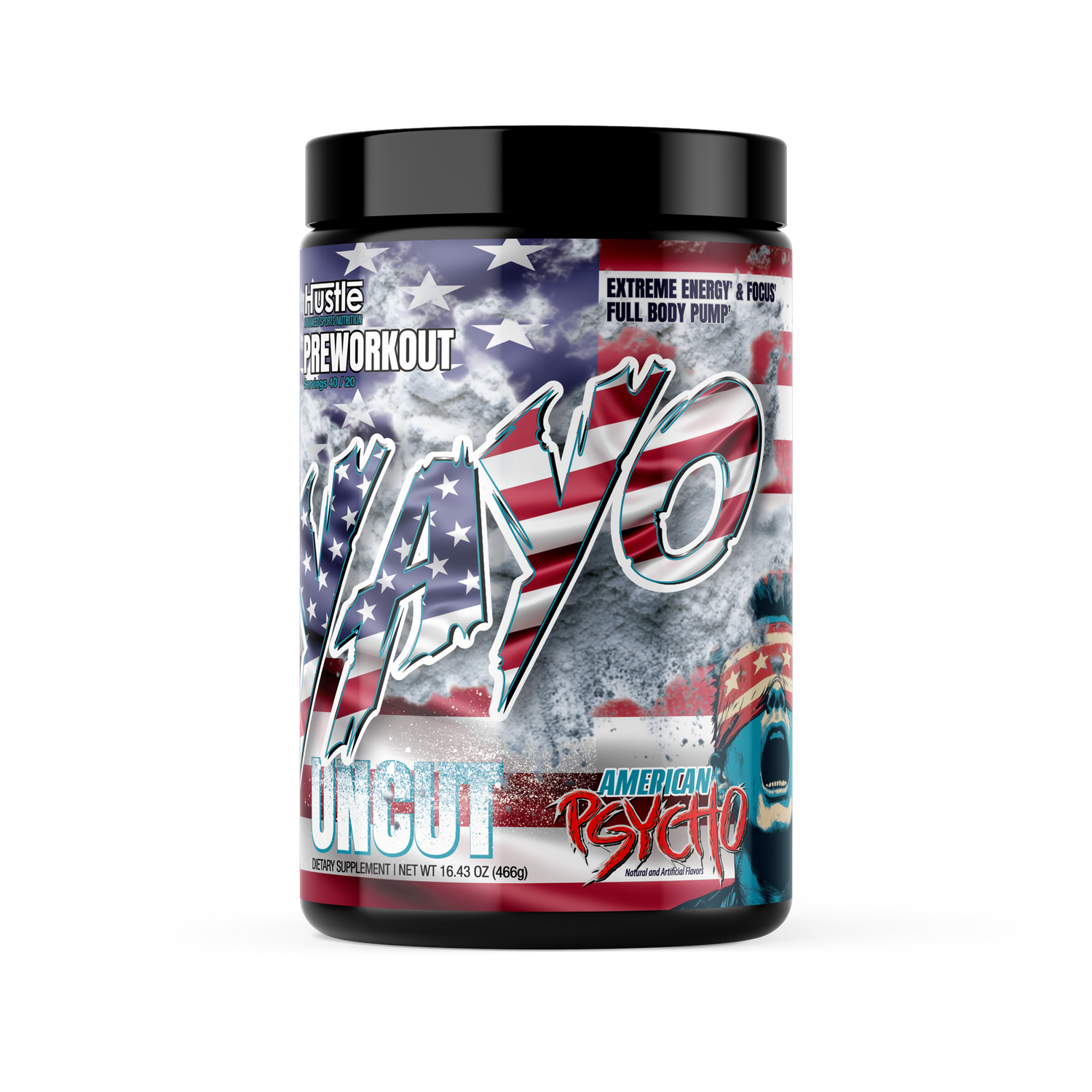 Supplement container with American flag design and text on a white background