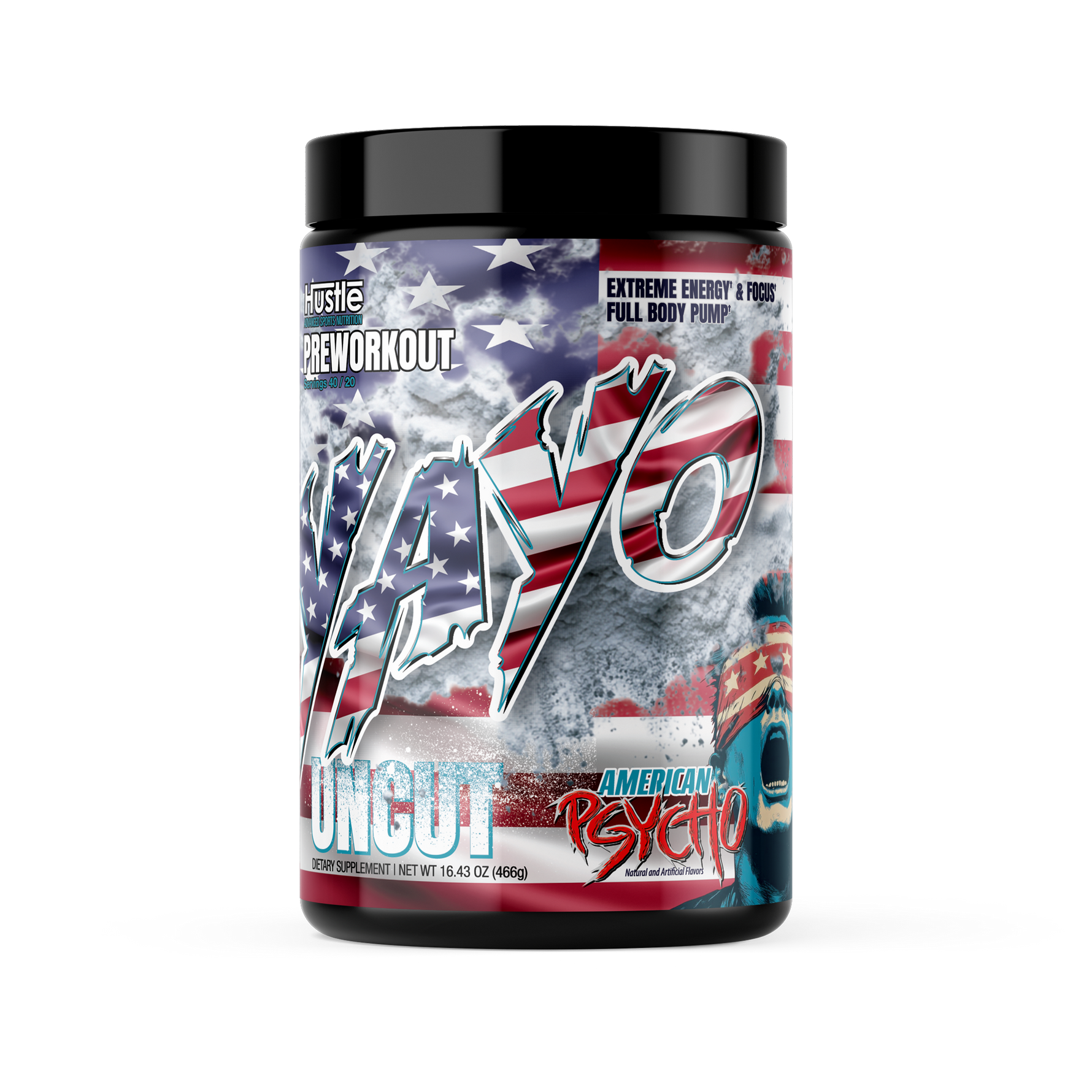 Supplement container with American flag design and text on a white background