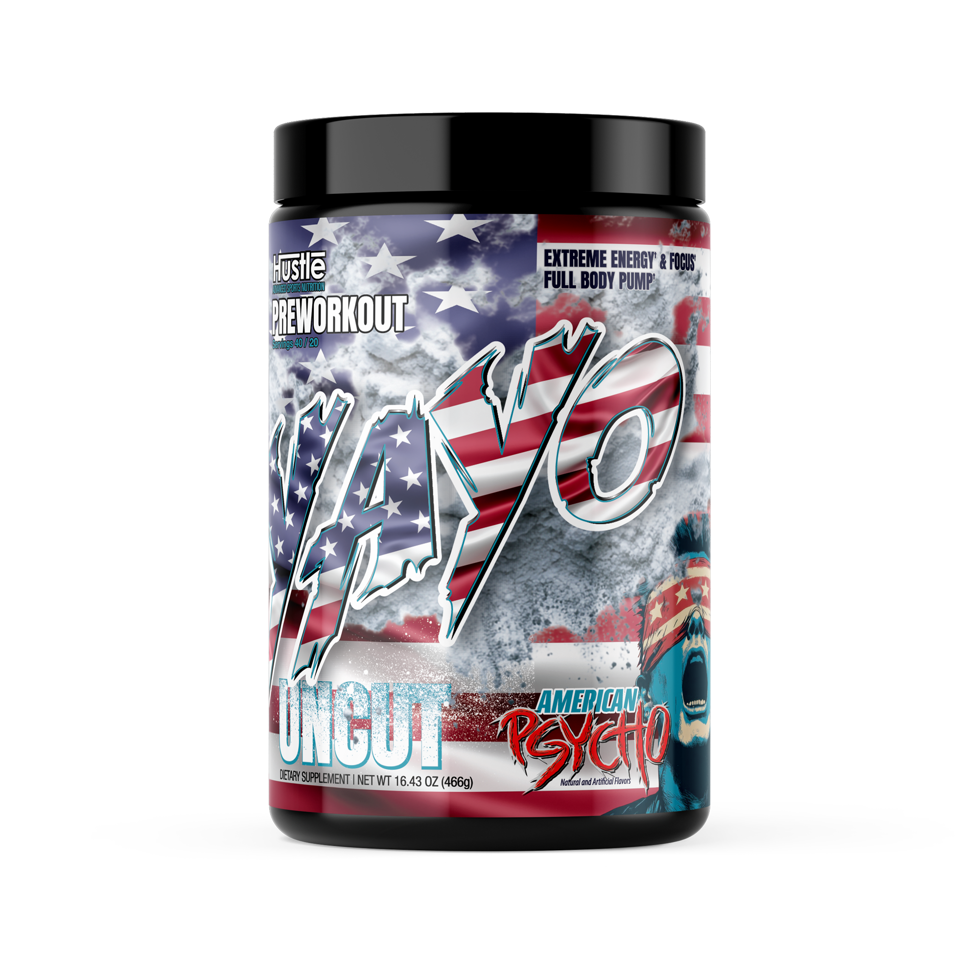 Supplement container with American flag design and text on a white background