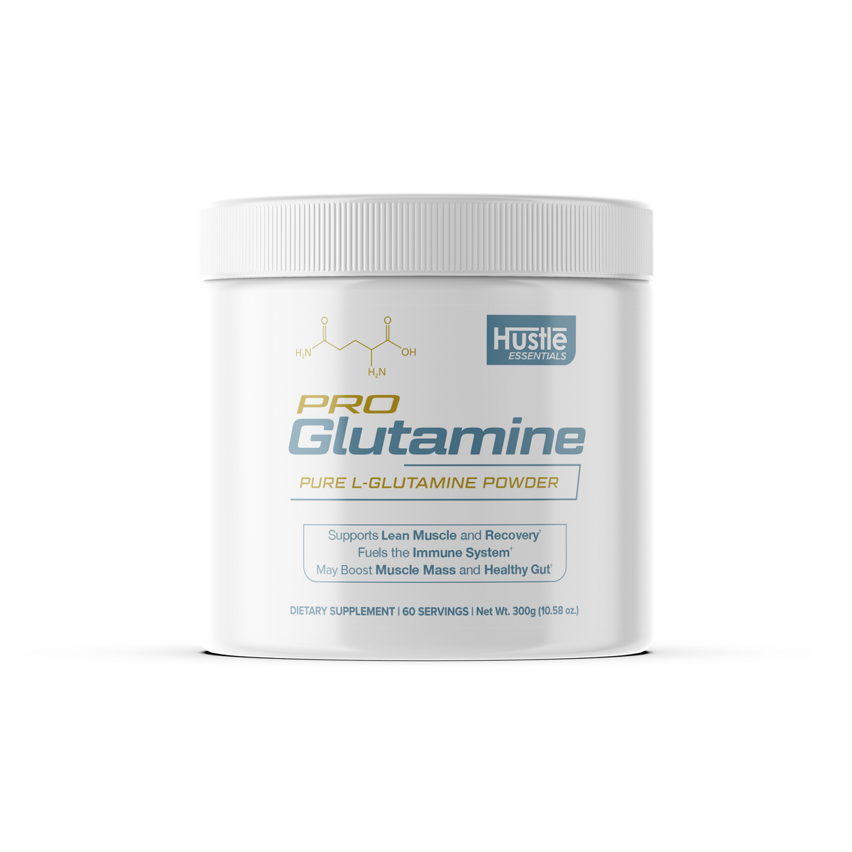 Pro Glutamine powder container with Hustle Essentials branding on a white background
