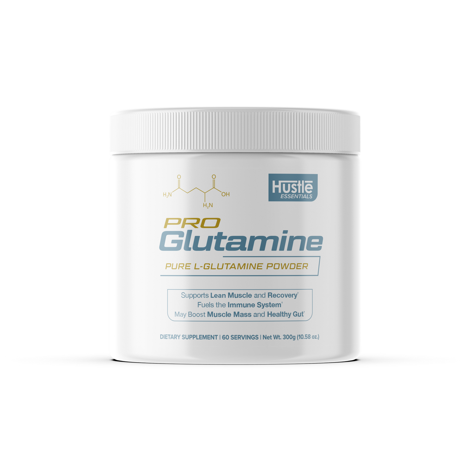 Pro Glutamine powder container with Hustle Essentials branding on a white background