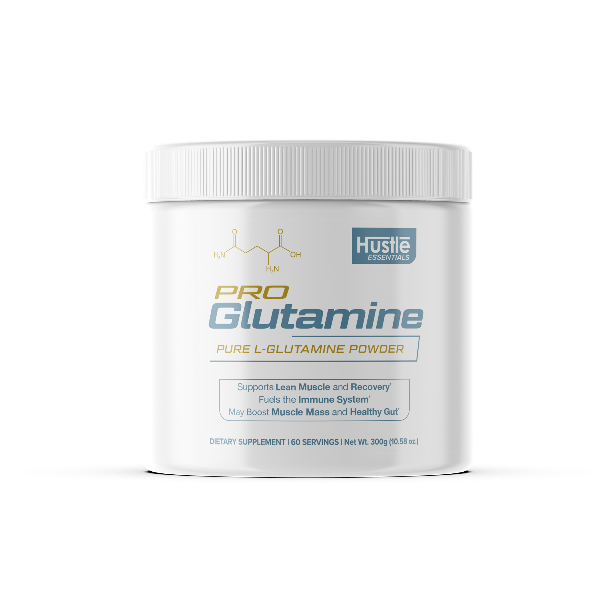 Pro Glutamine powder container with Hustle Essentials branding on a white background